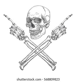 Skull and crossbones made of hands with gestures. Handmade detailed drawing. Vector illustration.