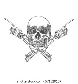 Skull and crossbones made of hands with gestures. Handmade detailed drawing. Vector illustration.