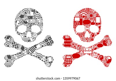 Skull and Crossbones mosaic icons created for bigdata illustrations. Vector skull and crossbones mosaics are composed from computer, calculator, connections, wi-fi,