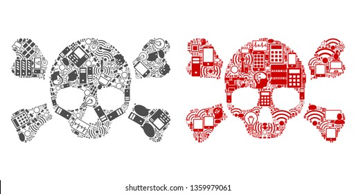 Skull Crossbones mosaic icons designed for bigdata purposes. Vector skull crossbones mosaics are combined from computer, calculator, connections, wi-fi, network icons into abstract patterns.