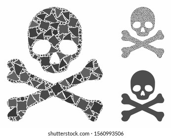 Skull and crossbones mosaic of raggy pieces in variable sizes and color hues, based on skull and crossbones icon. Vector uneven elements are united into mosaic.