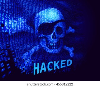 Skull and crossbones on binary code with message about hacking