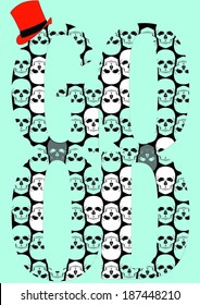 skull and crossbones on a black background consisting of white and red hat good writing chain print pattern vector. on a blue background