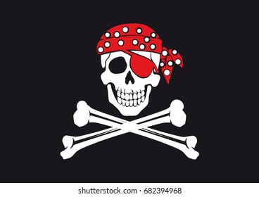 skull and crossbones on a black background Pirate symbol Jolly Roger in a red bandana