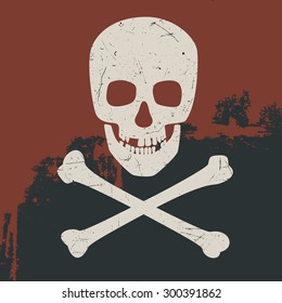 Schädel und Kreuzknochen auf dunklem Hintergrund. Vektorgrafik Symbol der Gefahr.
