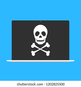 Skull and crossbones on laptop screen. Ransomware, fraud, phishing, virus, broken laptop concepts. Modern flat design. Vector illustration