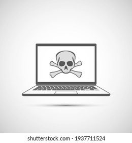 Calavera y huesos cruzados en la pantalla de un portátil. El correo basura y el cibercrimen en Internet. Icono de vector