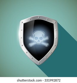 Skull and crossbones on the metal shield. Stock vector illustration.