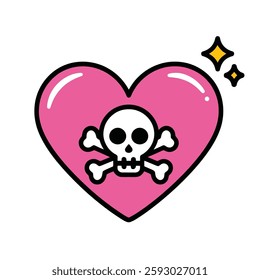 Skull and Crossbones on Pink Heart with Sparkles Cartoon Illustration