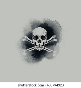 Skull and crossbones on smoky watercolour backdrop. Vector illustration