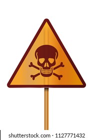 Skull and crossbones. Orange triangular sign with a red poison symbol. Hazard symbol. Triangular danger warning sign on a metal pole. Vector illustration isolated on white background