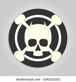 Skull and crossbones over black and white target like sticker for print isolated on gray background