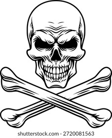 Una calavera y huesos cruzados de pirata diseño jolly roger en un estilo retro xilografía vintage
