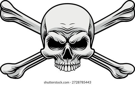 A skull and crossbones pirate crossed bones jolly roger design in a vintage retro woodcut style