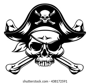 Skull and crossbones pirate jolly roger wearing hat and eye patch