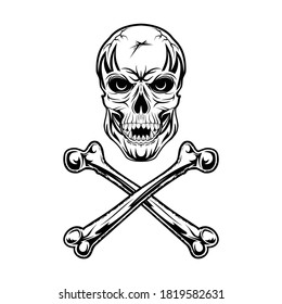 Skull and crossbones. The pirate symbol. Black tattoo. Laughing loudly skeleton. Head of the monster. Jolly Roger. Vector illustrations for t shirt print.