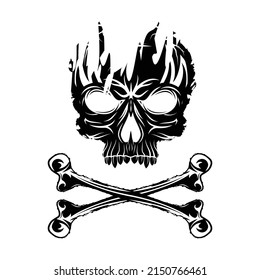 Skull and crossbones. The pirate symbol. Black tattoo. Laughing loudly skeleton. Head of the monster. Jolly Roger. Vector illustrations for t shirt print. Grunge style.