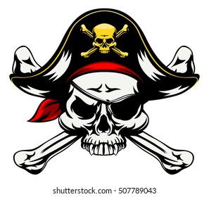 A skull and crossbones pirates jolly roger sign in pirate clothes eye patch and pirate hat