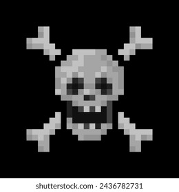 Skull crossbones pixel art icon, vector illustration. Design for stickers or prints, logo, web and mobile app.