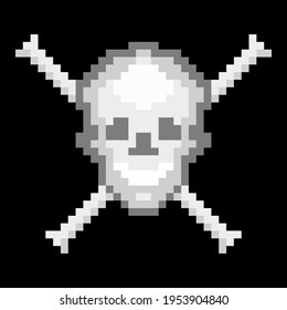 Skull crossbones pixel icon. Grinning dead head pirate symbol black flag scary ghost of impending death vector thugs symbol.