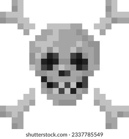 Skull with crossbones pixel illustration. 8 bit pirate symbol icon or caution sign. Vector.
