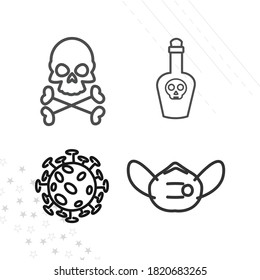 Skull and crossbones with poison bottle and coronavirus line icon set with covid-19