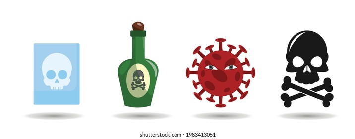 Skull and crossbones with poison bottle and coronavirus vector clip art set, covid 19. Skull and crossbones with poison bottle and coronavirus vector clip art set, covid 19.