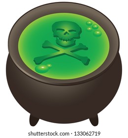 Skull and crossbones. Preparation of magical ingredients in the pot. Vector illustration.