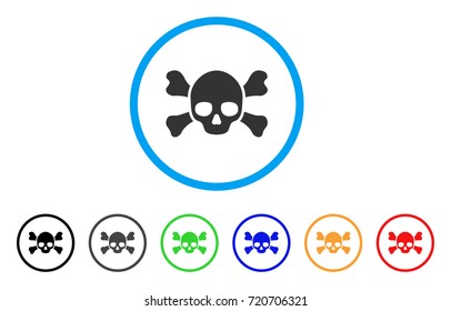 Skull Crossbones rounded icon. Style is a flat skull crossbones gray symbol inside light blue circle with black, gray, green, blue, red, orange variants.