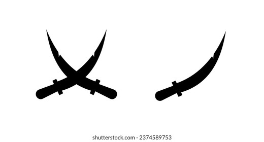 Skull with crossbones and saber. Black symbol of death and pirates with sinister danger of robbery and brotherhood of vector corsairs