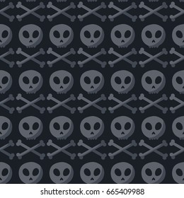 Skull and crossbones seamless pattern, Flat design of danger or poison sign, Day of the Dead Dia de los Muertos or Halloween object, Jolly Roger vector illustration