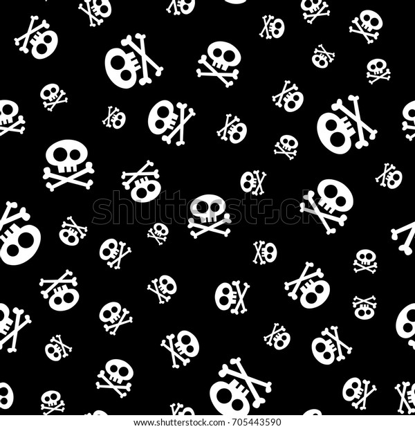 Skull and crossbones seamless pattern, white\
color on black background. Small and big the skull and crossbones \
Vector, flat,\
illustration