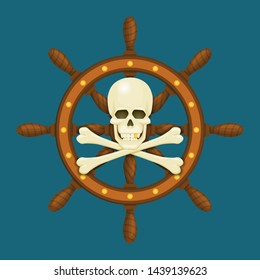 Skull and crossbones with ships wheel. Naval vector illustration. Adventure, danger, exploration, piracy symbol.
