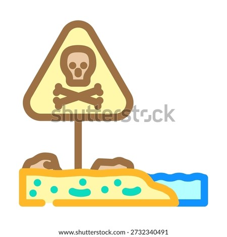 Skull and crossbones sign warning about environmental hazard and pollution, with toxic substances contaminating river water next to a contaminated land area