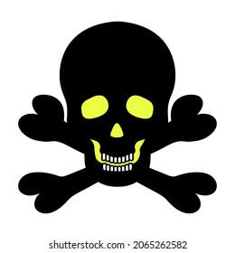 Skull and crossbones. Silhouette with glowing eyes. Vector illustration. Pirate symbol. Jaw with straight teeth. Hollows instead of eyes and nose. An integral part of the skeleton. Isolated background