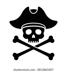 Skull And Crossbones Silhouette With Pirate Hat On White Background