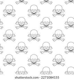 Skull and crossbones. Sketch. Repeating vector pattern. Pirate symbol seamless ornament. Part of the skeleton. Isolated background. Doodle style. Jaw with straight teeth. Hollows instead of eyes 