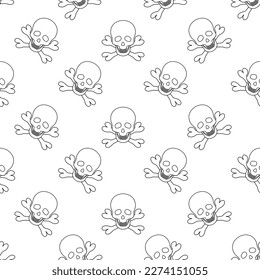 Skull and crossbones. Sketch. Repeating vector pattern. Pirate symbol seamless ornament. Part of the skeleton. Isolated background. Doodle style. Jaw with straight teeth. Hollows instead of eyes 