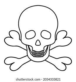 Skull and crossbones. Sketch. Vector illustration. An integral part of the skeleton. Outlines on an isolated background. Doodle style. Pirate symbol. Jaw with straight teeth. Hollows instead of eyes 