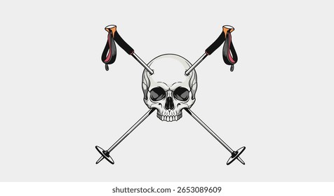 Skull and Crossbones with Ski Poles Emblem Symbolizing Extreme Winter Sports Danger and Adventure
