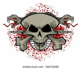 skull and crossbones with snakes head and splatter