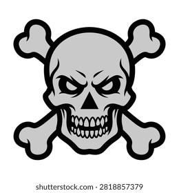 A skull and crossbones symbol with an angry face and sharp teeth on a white background, conveying a sense of danger and warning