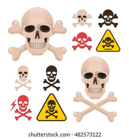 Skull with crossbones as a symbol of danger alert. Different types of bone positions and color variations. Vector elements.