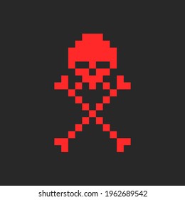 Skull and crossbones symbol of jolly roger logo in pixel style, kids print on clothes or youth red sticker minimal design.