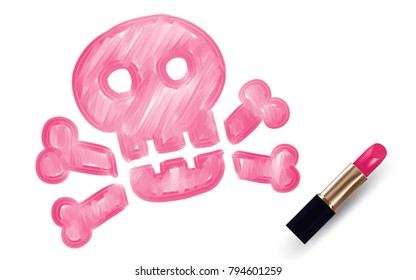 Skull and crossbones symbol write by Lipstick pink color isolated on white background, with copy space
