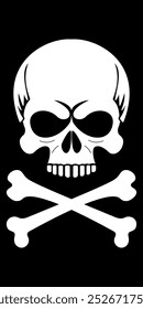 Skull and crossbones tattoo in black and white with hollow eye sockets and clenched teeth on dark background. Death symbol. Danger warning sign. Vector.