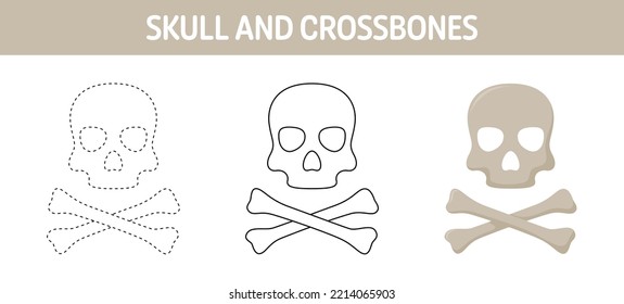 Skull And Crossbones tracing and coloring worksheet for kids