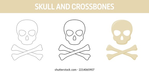 Skull And Crossbones tracing and coloring worksheet for kids
