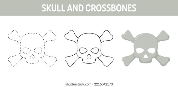 Skull And Crossbones tracing and coloring worksheet for kids
