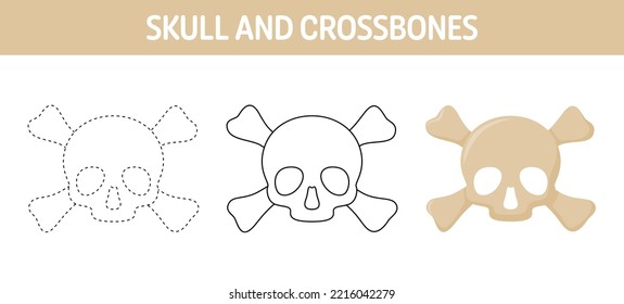 Skull And Crossbones tracing and coloring worksheet for kids